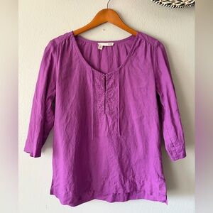 Eileen Fisher 100% Irish Linen 3/4 Sleeve Tunic Top Iridescent Beaded Purple